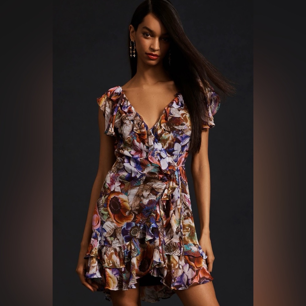 By Anthropologie Ruffled Mini Wrap Dress Purple Floral (Fall) Small
